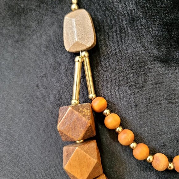 VTG Womens Brown Wood Bead Geometric Cut Chunky Boho Necklace with Lobster Clasp - Picture 5 of 6